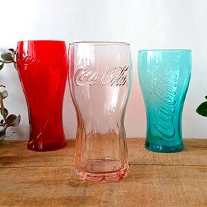 Set (3) Collection Coca-Cola Glasses Red Aqua Pink, Duralex France, Co